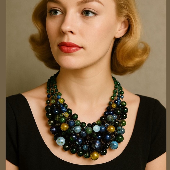 West Germany Jewelry - 50s MCM CUSTOM WEST GERMANY BIB STYLE CLUSTER GLASS BEAD MULTICOLOR NECKLACE